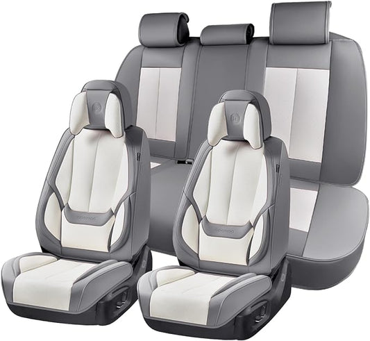 Coverado Seat Covers Full Set, 5 Seats Seat Covers for Cars, Waterproof Nappa Leather Car Seat Covers with Head Pillow, Seat Protectors Car Seat Cushion Universal Fit for Most Cars (Gray&White)