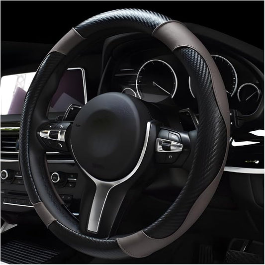 DXNQ Car Steering Wheel Cover, 15 Inch Carbon Fiber Leather Stitching Color Steering Wheel Protector, Anti-Slip Elastic Breathable Steering Wheel Cover Stylish Decor for Most Cars (Black & Gray)