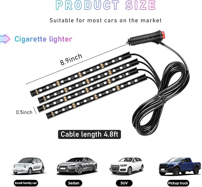 Ohleats Car LED Strip Light, 48 LED RGB Auto Interior Atmosphere Lights, Cigarette Lighter Under Dash Ambient Night Light, Interior Lamp Lighting Kit (Blue, Cigarette Lighter)