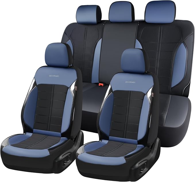 Coverado Seat Cover, Car Seat Cover Full Set, 3D Air Mesh Breathable Seat Protectors Sports Carbon Fiber Design Airbag Compatible Comfort Universal for Most Cars, Van,Trucks, SUV, Black&Blue