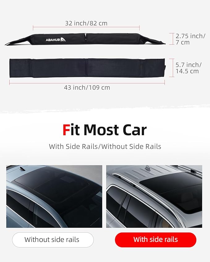 Abahub Soft Roof Rack Pads with 2 Tie Down Straps, 2 Tie Down Ropes, 2 Hood Loops and Storage Bag, for Surfboard, Kayak, Canoe, Heavy Duty Universal Car Roof Racks System