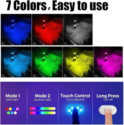 4PCS Wireless Car Interior LED Lights 7Colors USB Rechargeable Car LED Touch Light with 6 Super Bright LED Lamp Beads Car Interior Ambient Light Universal Vehicle Accessories for Car Decor