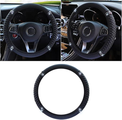 Bling Soft Leather Steering Wheel Cover, 15 Inch Colorful Rhinestones Auto Elastic Protector with Crystal Diamond for Women Girls, Car Accessories for Most Cars, SUVs (Black)