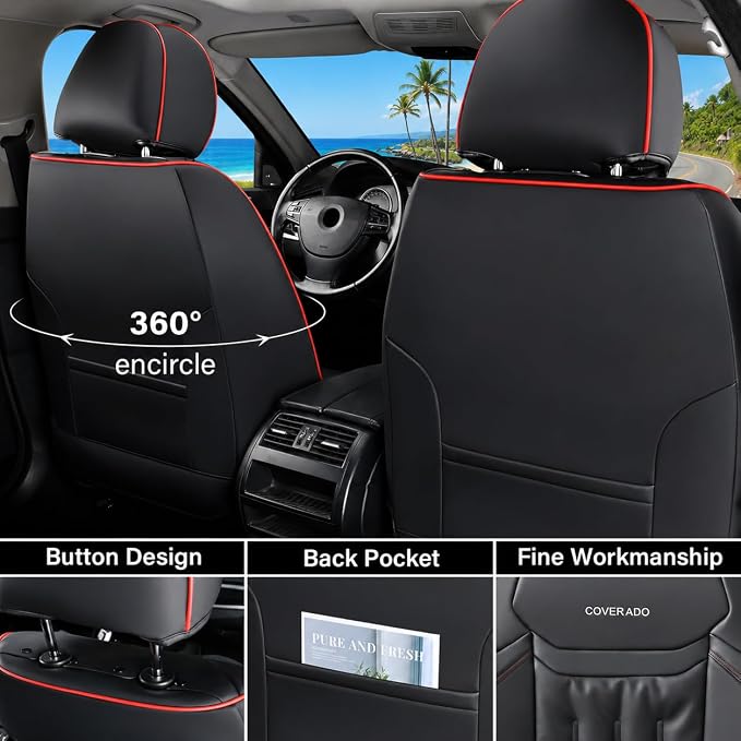 Coverado Car Seat Covers, Nappa Leather Waterproof Seat Cover, Car Seat Protector, Automotive Seat Covers Universal Fit for Most Cars, (Front, Black&Red Line)