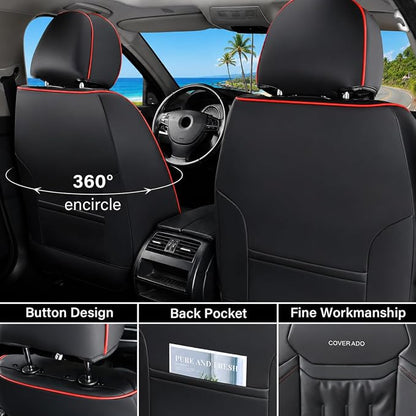 Coverado Car Seat Covers, Nappa Leather Waterproof Seat Cover, Car Seat Protector, Automotive Seat Covers Universal Fit for Most Cars, (Front, Black&Red Line)
