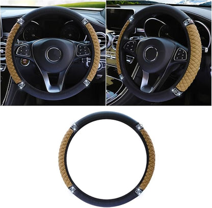 Bling Soft Leather Steering Wheel Cover, 15 Inch Colorful Rhinestones Auto Elastic Protector with Crystal Diamond for Women Girls, Car Accessories for Most Cars, SUVs (Beige)
