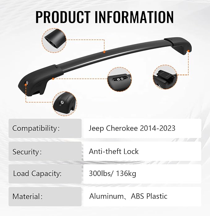 Lockable Roof Rack Cross Bars Compatible with Jeep Cherokee 2014-2023, Aluminum Car Cross Bar for Rooftop Cargo Carrier Bag Basket Luggage Kayak Canoe Bike Snowboard Skiboard (Not for JGC)