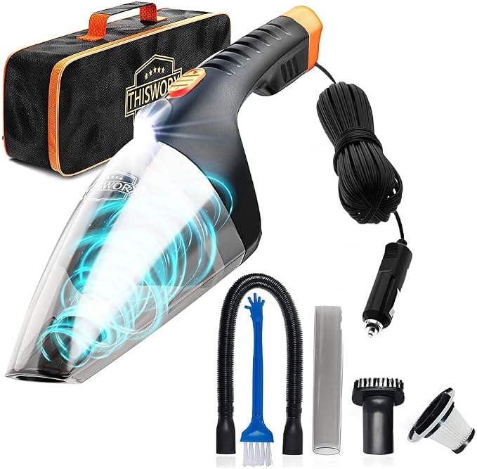 ThisWorx Car Vacuum Cleaner 2.0, Portable Handheld Mini Vacuums Cleaner W/ 16ft Cord, LED Light, Bag, & Attachments- Small Vac for RV, Boats, Travel, Car Accessories, Lightweight