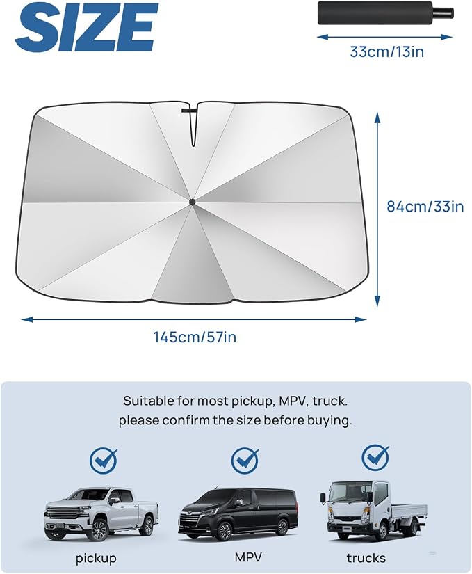 JOYTUTUS Windshield Sun Shade Umbrella, Upgraded 360° Rotation Bendable Shaft Handle, Foldable for Truck, Automotive Interior Sun Protection, UV Rays Block, Easy to Store and Use, 57''x 33''