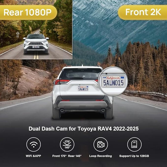 Fitcamx Front 2K+Rear 1080P Dash Cam Adapts for Toyota RAV4 2022-2025 (Model B, with Vents on Cover), OEM Style, Dual HD Video, Built-in WiFi & APP, Loop Recording, G-Sensor, Easy to Set, 64GB Card