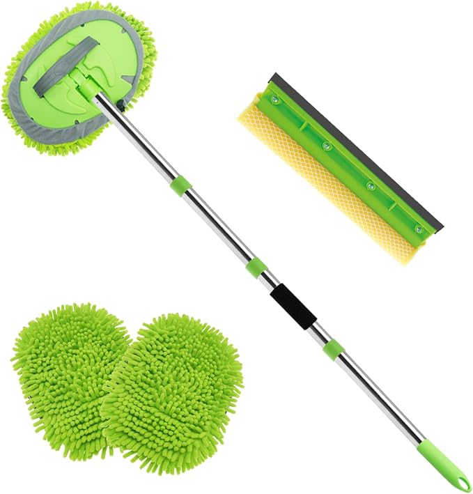 62" Car Wash Brush Kit Mitt Mop Sponge with Long Handle, Chenille Microfiber Car Cleaning Brush Kit, Windshield Window Squeegee, Car Care Kit of Scratch-Free Replacement for Cleaning Car, RV, Truck