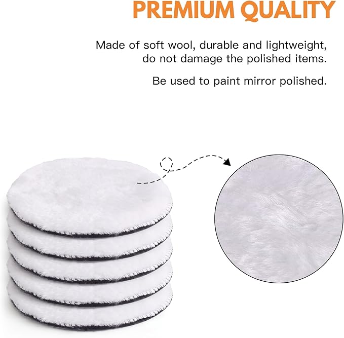 Kshineni 7 Pcs 5 Inch (125 mm) Wool Polishing Buffing Pad Car Polisher Buffer Drill Attachment with M14 Drill Adapter