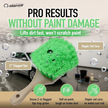 Nanoskin Pro-Grade 8.5" Car Detailing Brush - Durable Green Polystyrene Flagged Bristles, Acid Resistant, Gentle Surface Cleaning, Auto Wash, Tire & Wheel Scrub, Professional Automotive Detailer Tool