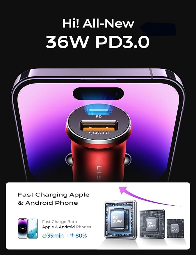 LISEN 2-Pack USB C Car Charger Adapter Fast Charge, 48W All Metal Cigarette Lighter USB Charger for iPhone 15 Smallest Flush Car Charger USB C for iPhone 14 Pro Max 13 12 Galaxy S23/22 iPad Pro-Red | Cigarette Lighter USB Charger, Car Accessories for M...