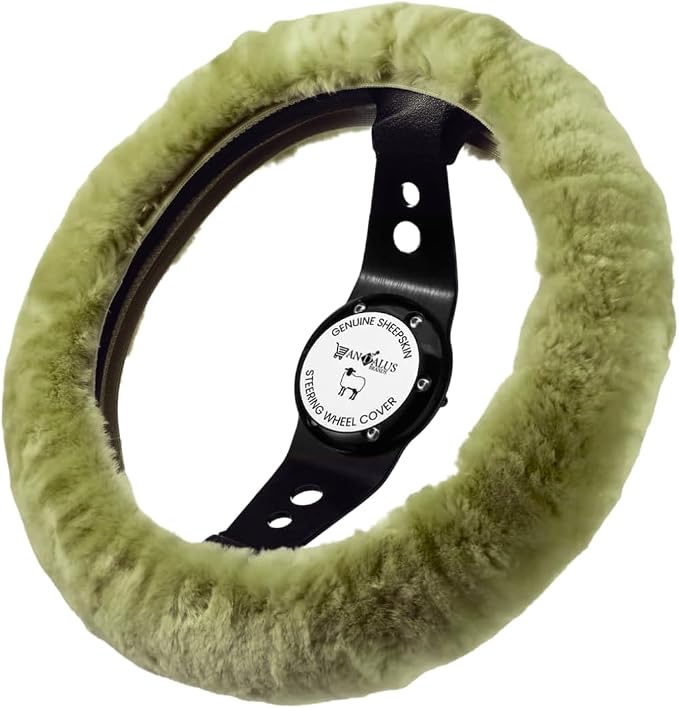 Andalus Brands Luxury Fluffy Car Steering Wheel Covers – Genuine Merino Sheepskin, Soft Fuzzy Car Steering Wheel Cover for Women, Universal 14.5-15" Size, Plush Fur Cute Auto Accessories, Green