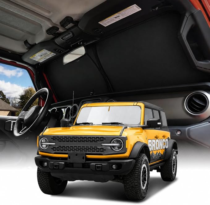 [2026 Upgraded] Weektic Windshield Sun Shade for Ford Bronco 2021 2022 2023 2024 2025 2026, 5-Laer Ice Crystal Reflective & Heat Insulating Sunshade for Car Windshield | Silver Foldable Sun Blocker