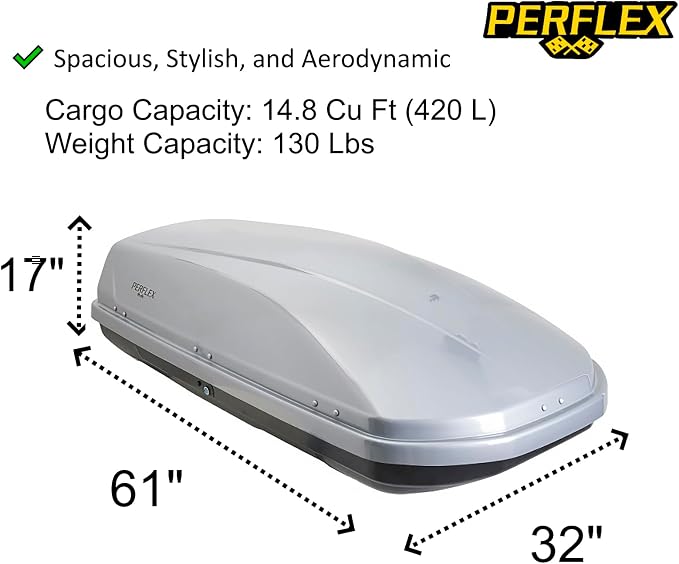 Perflex Journey Roof Cargo Box Carrier 14.8 Cubic Feet Car Top Mount Travel Luggage Storage, Passenger Side Opening, 130 Lbs Weight Capacity, Keys, Strap (Silver)