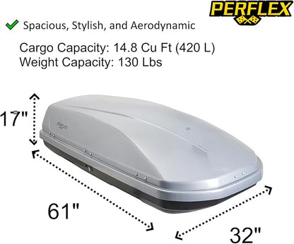Perflex Journey Roof Cargo Box Carrier 14.8 Cubic Feet Car Top Mount Travel Luggage Storage, Passenger Side Opening, 130 Lbs Weight Capacity, Keys, Strap (Silver)