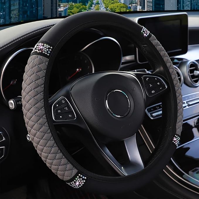 Microfiber Leather Steering Wheel Cover with Anti-Slip Lining Universal Car Accessory for Steering Wheel with a Diameter of 14.5-15 inch (Grey)