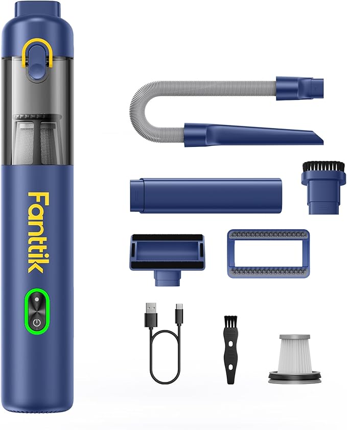 Fanttik V8 Mate Upgraded Cordless Car Vacuum, Portable Mini Vacuum with 13000pa Suction Power, 2 Suction Modes, Type-C Charge, Handheld Vacuum for Car, Small Tasks, Keyboards, Office Desk (Blue)