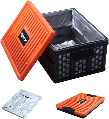 Mymazn Trunk Organizer Plastic for Car, Orange | Collapsible Crate Storage, With Lid, Waterproof Bag, Optional Insulated Cooler, For SUV, Groceries, Camping