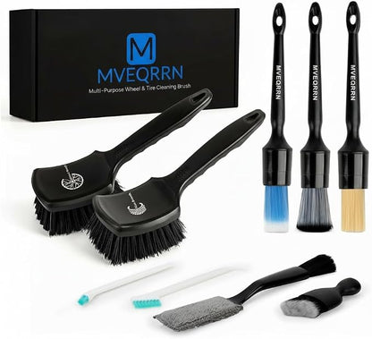 MVEQRRN 9PCS Car Detailing Brushes Set, Boar Hair Detail Brushes,Car Detailing Wheel Kit (Black) | Soft & Stiff Bristle Detail Brush, Scratch-Free Rim & Tire Cleaning Kit, Interior & Exterior Wheel Brush for Cars,Trucks,SUV