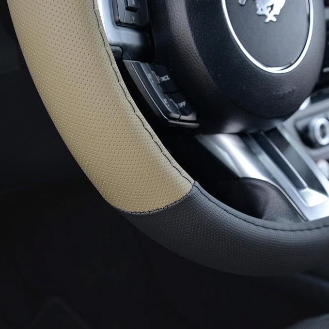 BDK Two Tone Perforated PU Leather Steering Wheel Cover for Car Van SUV Truck, 14.5 to 15 inch, Standard, Beige