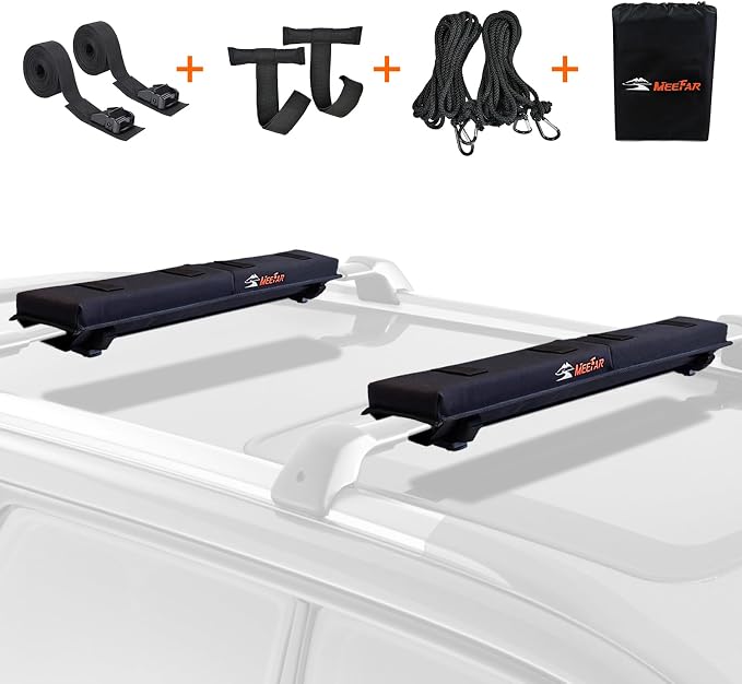 MeeFar Universal Car Soft Roof Rack Pads Luggage Carrier Rack for Kayak Surfboard SUP Canoe Include 2 Heavy Duty Tie Down Straps, 2 Tie Down Rope, 2 Quick Loop Strap