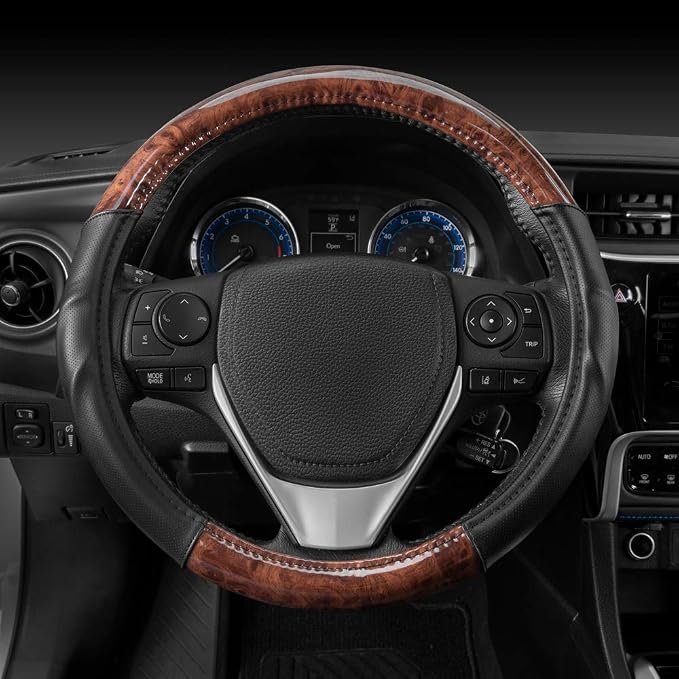 BDK Dark Wood Grain Steering Wheel Cover with Black Faux Leather Comfort Grip, Standard 15 inch Size, Car Steering Wheel Cover for Truck Van SUV Auto