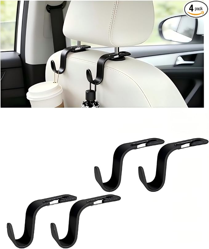 4PCS Car Seat Headrest Hook, Multi-Purpose Seat Back Hanger Purse Bag Handbag Organizer, Auto Interior Backseat Storage Hook Holder for Coat Hat Grocery Umbrella, Universal Fit (Black)
