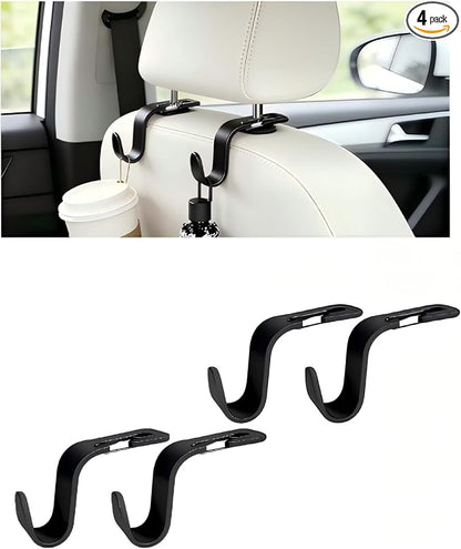 4PCS Car Seat Headrest Hook, Multi-Purpose Seat Back Hanger Purse Bag Handbag Organizer, Auto Interior Backseat Storage Hook Holder for Coat Hat Grocery Umbrella, Universal Fit (Black)