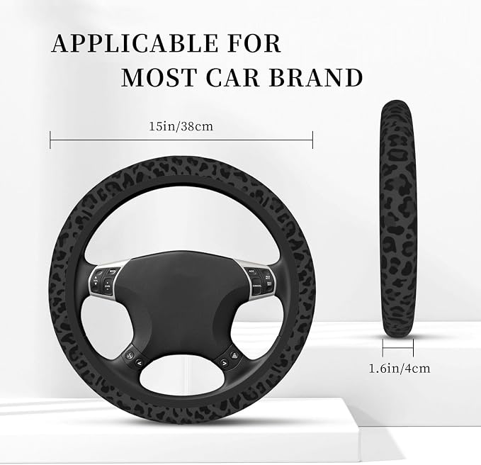 Black Leopard Print Cheetah Elastic Steering Wheel Cover for Women,Universal Auto Steering Wheel 14-15 Inch Car Interior Accessories with 2PCS Car Coasters,Suitable for Men and Women