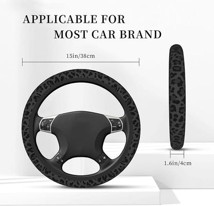 Black Leopard Print Cheetah Elastic Steering Wheel Cover for Women,Universal Auto Steering Wheel 14-15 Inch Car Interior Accessories with 2PCS Car Coasters,Suitable for Men and Women