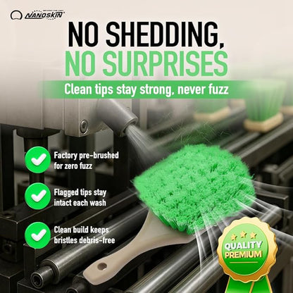 Nanoskin Pro-Grade 8.5" Car Detailing Brush - Durable Green Polystyrene Flagged Bristles, Acid Resistant, Gentle Surface Cleaning, Auto Wash, Tire & Wheel Scrub, Professional Automotive Detailer Tool