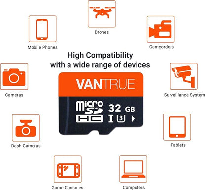 Vantrue 32GB microSDHC Card with Adapter, U3, UHS-I High Speed SD Card for Dash Cams & Home Security System Video Cameras