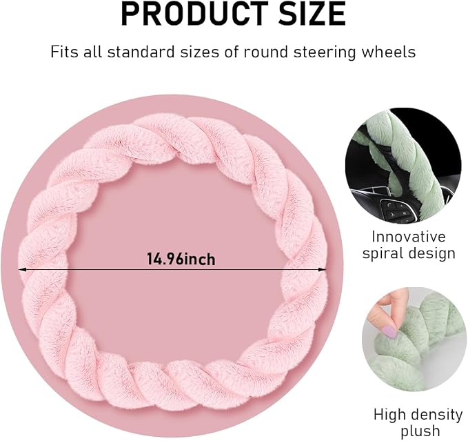 KVAEY Fluffy Car Steering Wheel Cover, 15 Inches Anti-Slip Round Fuzzy Winter Steering Wheel Protector, Soft Warm Plush Steering Wheel Cover for Women Girls, Car Accessories (Pink, D-Shaped)