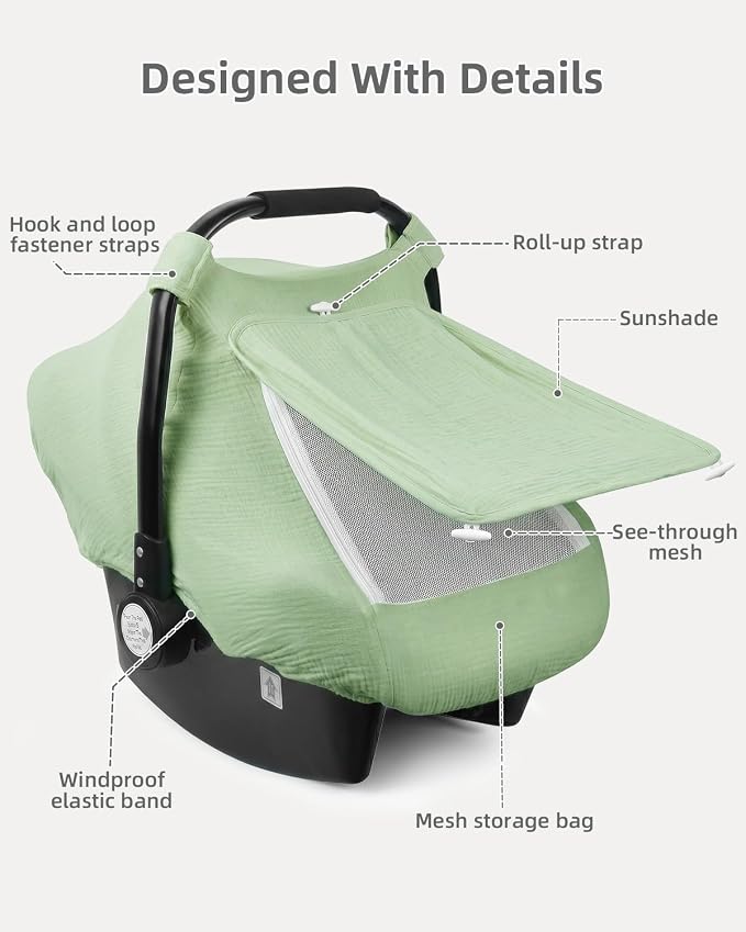 Rquite Car Seat Cover Baby Girl Boy, 100% Muslin Cotton Carseat Covers, Breathable Infant Windproof Canopy with Mesh Window, Stroller Sun Shade for Summer & Hot Day, Sage Green