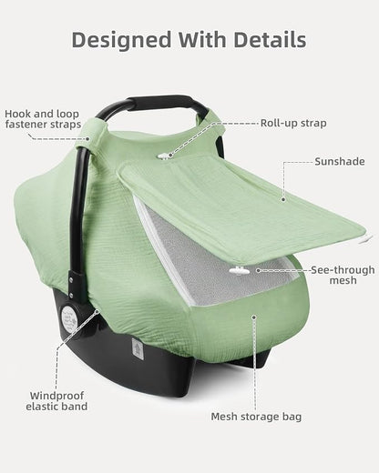 Rquite Car Seat Cover Baby Girl Boy, 100% Muslin Cotton Carseat Covers, Breathable Infant Windproof Canopy with Mesh Window, Stroller Sun Shade for Summer & Hot Day, Sage Green