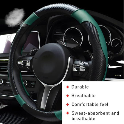 povtii Car Steering Wheel Cover, 15 Inch Leather Breathable Auto Steering Wheel Protector, Comfortable Non-Slip Vehicle Steering Wheel Covers, Universal Car Accessories (Dark Green, with Lining)