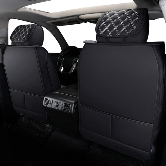 YIERTAI Tundra Seat Covers Compatible with 2008-2024 2025 2026 Toyota Tundra Crewmax Double Cab SR5 Limited Platinum TRD Pro Crew Cab Truck Waterproof Leather Seat Covers(5 PCS Full Set/Black-White)
