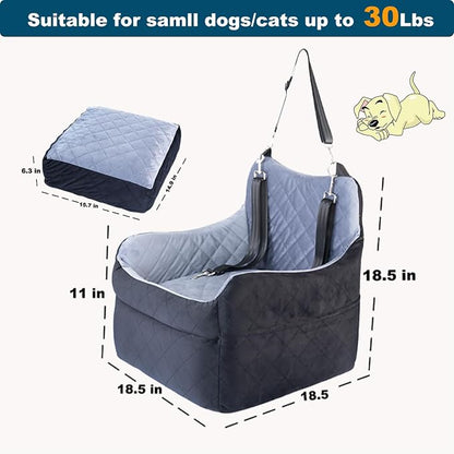 Dog Car Seat for Small Dogs, Elevated Pet Booster Seat with Safety Leash & Anti-Slip Base, Washable Dog Car Bed Travel Seat for Small Pets up to 30 lbs, Black & Gray