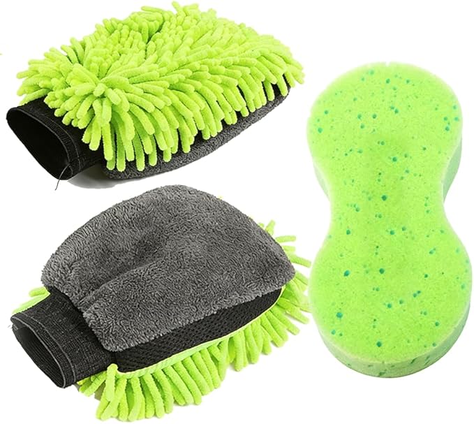 3 PCS Microfiber Car Wash Mitt, Microfiber Chenille Car Wash Sponge Glove for Car Washing and Detailing Scratch-Free, Lint-Free, Foam Gun, and Absorbent, Foam Scrubber, Cleaning Supplies