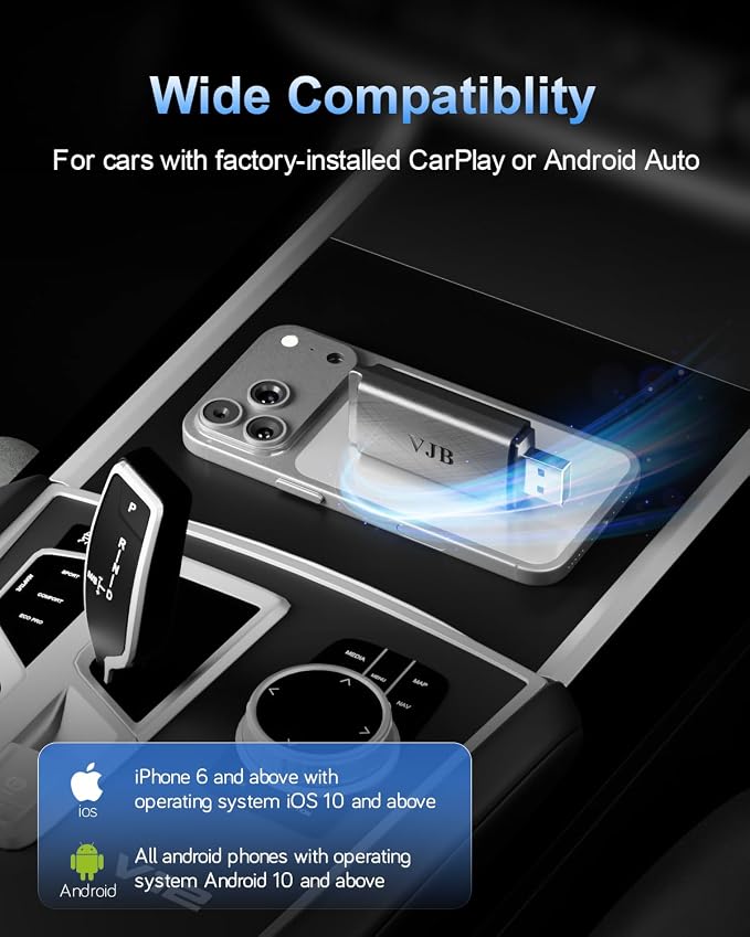 VJB Wireless CarPlay & Android Auto Adapter Dongle for iPhone & Android, Wired to Wireless Converter, Plug and Play USB Car Accessory, Fast Auto-Connect for 2016+ Vehicles (iOS 10+, Android 10+)