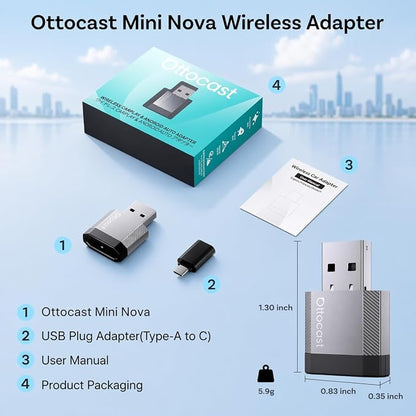 OTTOCAST Mini Nova, 2 in 1 Wireless Carplay & Android Auto Adapter, Plug & Play 2026 Upgraded with AI Assistance (ChatGPT, Gemini, Claude)