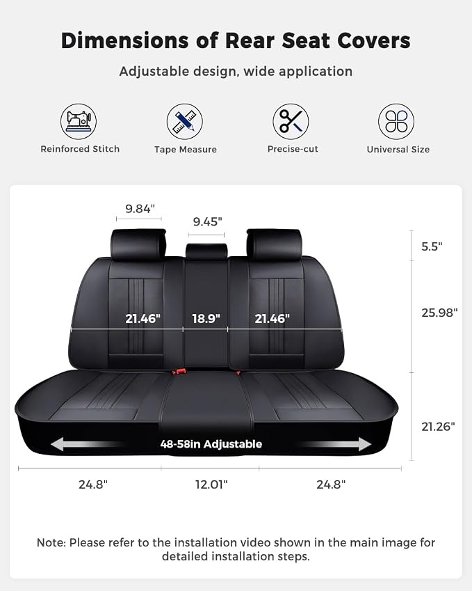 Huidasource Back Seat Cover, Luxury Faux Leather Rear Seat Cover, Velcro Adjustable, Compatible with Child Seat, Perforation Cooling＆Heating, Universal Fit for Most Cars, Vans, Trucks, SUVs, Black
