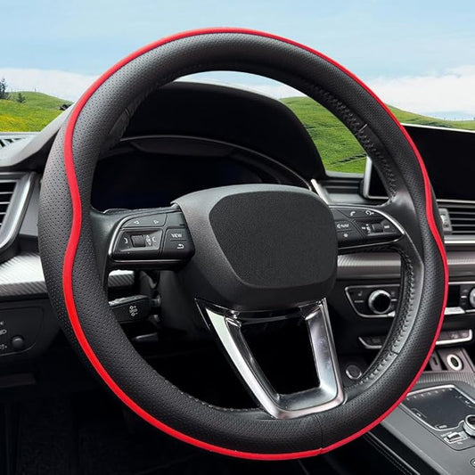 HAOTULE Leather Steering Wheel Cover， with Anti-Slip Stripe Design - Enhanced Grip, Fashion Style, Safe, Non-Slip, Breathable. Upgrade car Interior，Black red