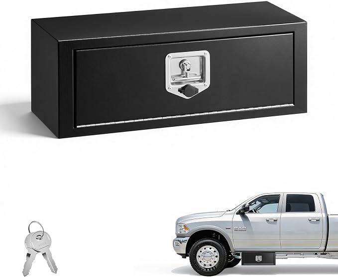 VEVOR Underbody Truck Tool Box, 27 x 10 x 10 Inch Heavy Duty Steel Trailer Storage Box with Lock & Keys, Waterproof Trailer Storage Organizer Under Body Chest with T-Handle for Truck, Van, SUV, Black