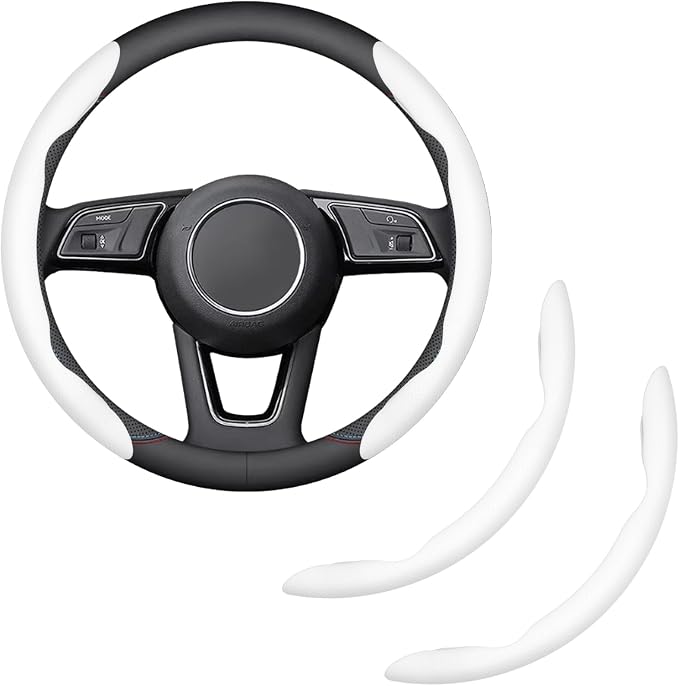 2-Piece Steering Wheel Cover, Carbon Fiber Segmented Steering Wheel Protector, Universal and Anti-Slip Durable Car Leather Protective Cover, Car Interior Accessories for Women and Men (White)