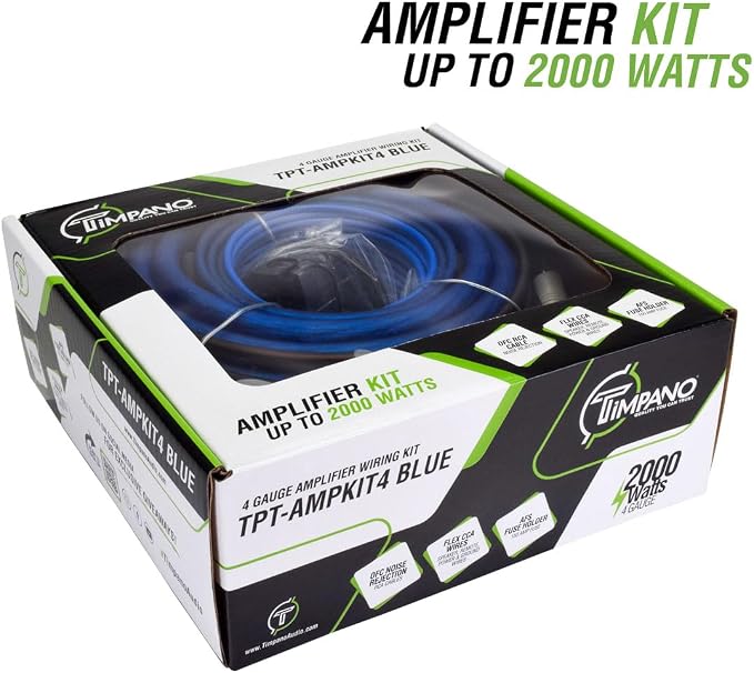 Timpano Amplifier Wiring Kit - 4 Gauge Amp Kit 2000 Watts Car Amplifier Installation CCA Cables Kit – 150 Amp Fuse Single Amp TPT-AMPKIT4 Blue