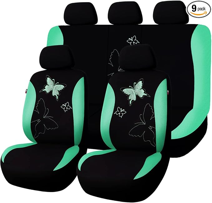 Flying Banner Butterfly car seat Covers ful Set Fashion Universal Lady Woman Female Rear Bench Split Colorized (Mint Green, Full Set - Lace)
